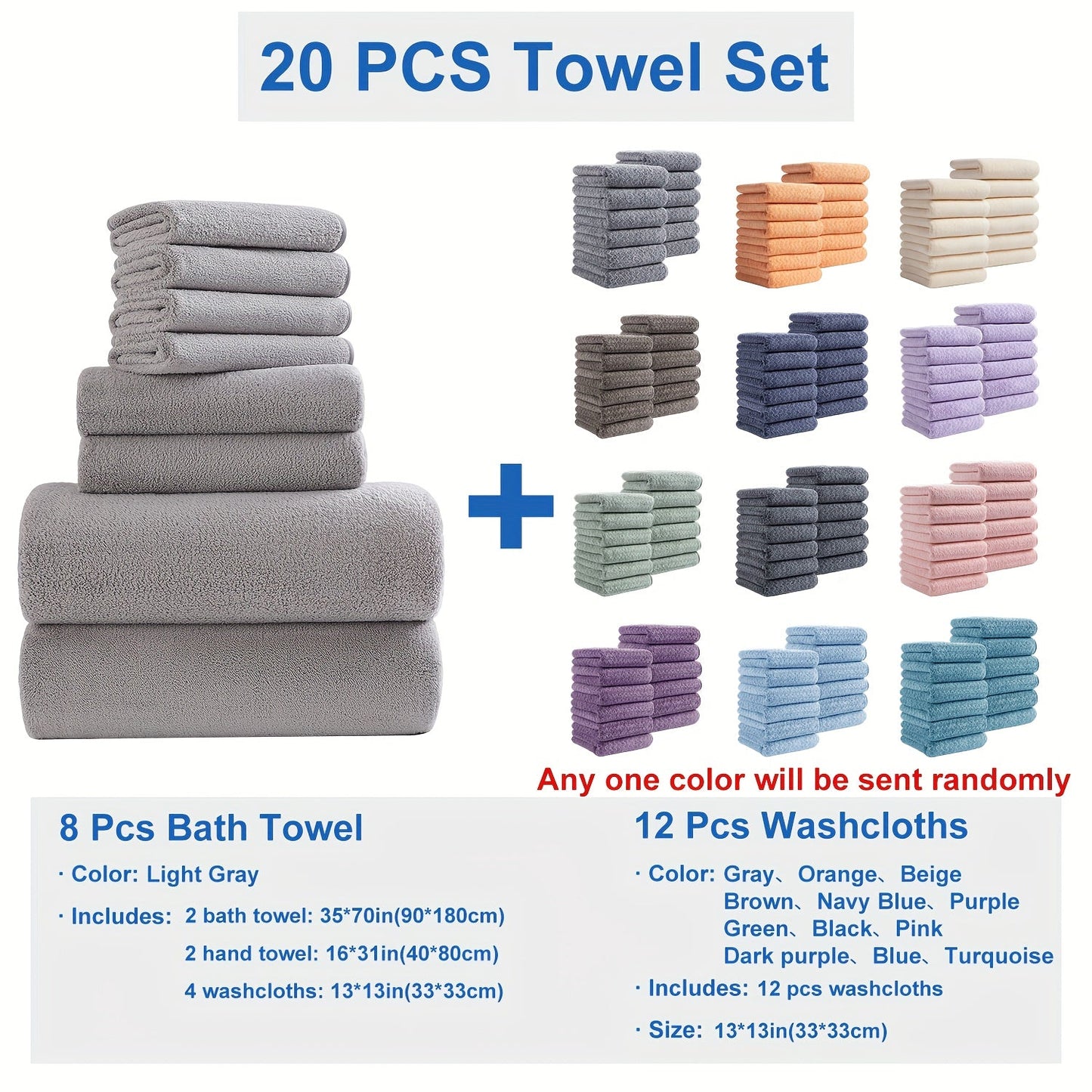 Twenty-Piece Bath Towel Set with Eight Large Towels and Twelve Washcloths in Ten Exact Color Options