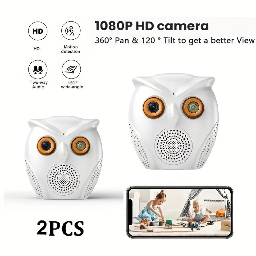 Owl-Shaped Home Security Camera 2-Pack, HD Surveillance, Smart Human Detection, USB Powered, Wireless Indoor Monitoring, Motion Alarm, Cute Design for Home Small Store Office Apartment Security