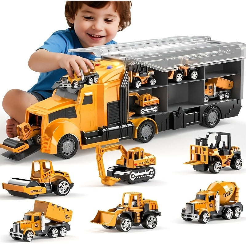 Vehicle Carrier Playset in Dinosaur Car or Construction Truck Style with Mini Vehicles and Storage