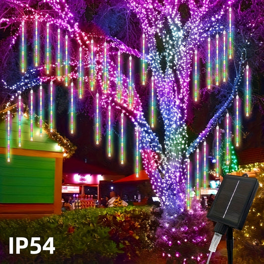 Solar Meteor Shower String Lights 192 LED Flower Theme - Outdoor Hanging Tree Lights Touch Control Warm Multi Color Blue for Garden Courtyard Christmas Halloween 4th of July Wedding Decoration