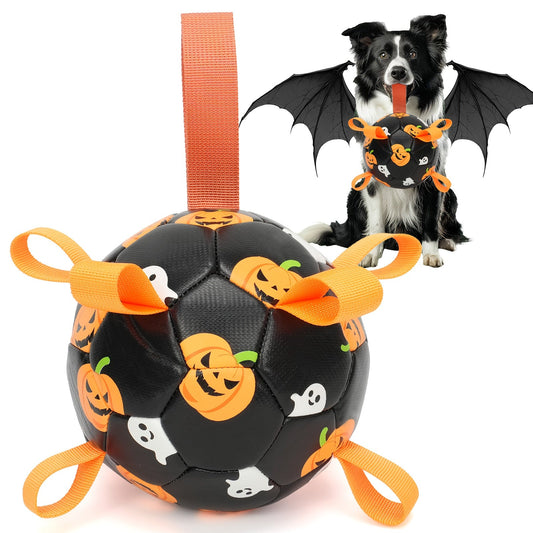 Dog Toy Halloween Pumpkin-Ghost Football with Pump, Strap and 6 or 7.28-Inch Size Options for Dogs