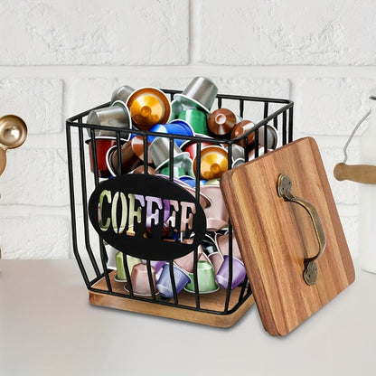 Square Metal Coffee Pod and Filter Storage Basket with Wood Lid and Base, Black Finish and Two Label Options