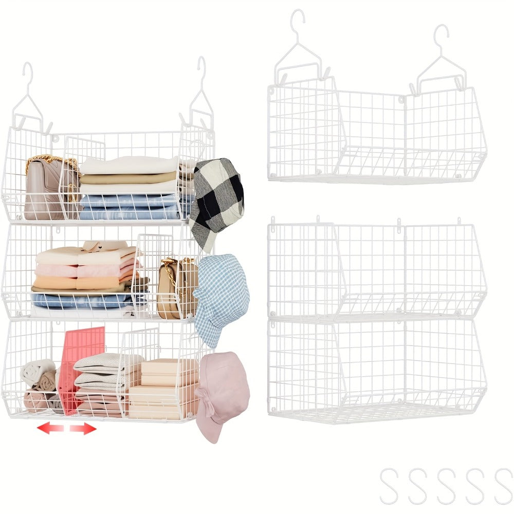 Three-Piece Hanging Wire Basket Organizer Set with Rotating Hooks in Black or White for Shelf Storage