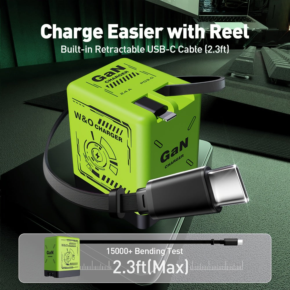 GaN Wall Charger 120W Fast with Retractable Built-In Cable & Foldable Plug – Compact Portable Travel USB-C Adapter for iPhone 17 16 15 14 Pro Max, Samsung Galaxy Ultra, Android Devices, 6 Colors