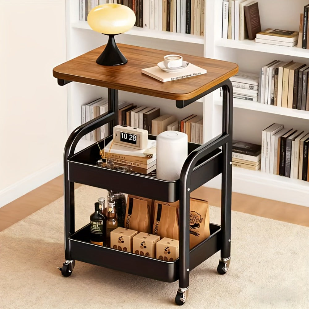Three-Tier Rolling Storage Cart with Wooden Tabletop, Reinforced Black Frame and Locking Casters