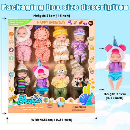 Eight Mini Baby Dolls with 4-Inch Checkout Size, Assorted Knit Animal Outfits and 10.24-Inch Display Box