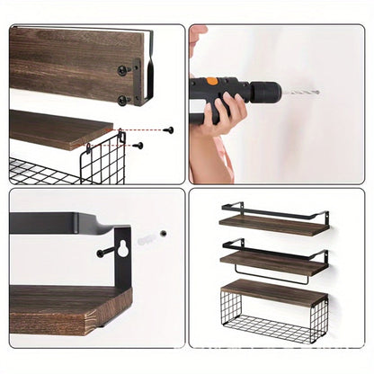 Rustic Wall-Mounted Shelf Sets in Two- or Four-Piece Configurations with Wood Platforms and Black Metal Storage Racks