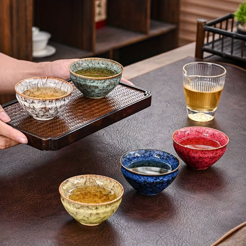 Five-Piece Jianzhan-Style Ceramic Tea Cup Set in Five Colors with 4.06-Ounce Bowls and Gift Box