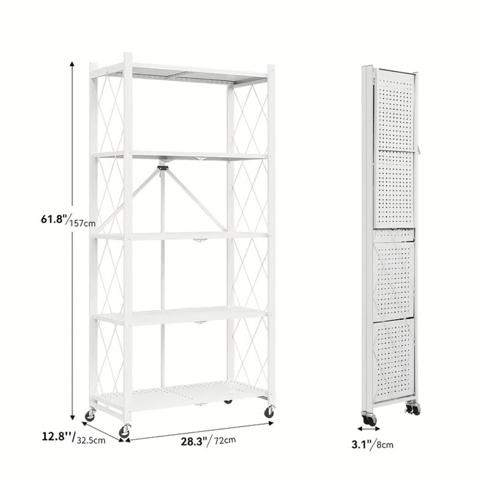 Foldable Rolling Storage Shelf in Three, Four or Five-Tier Options with Black or White Finish