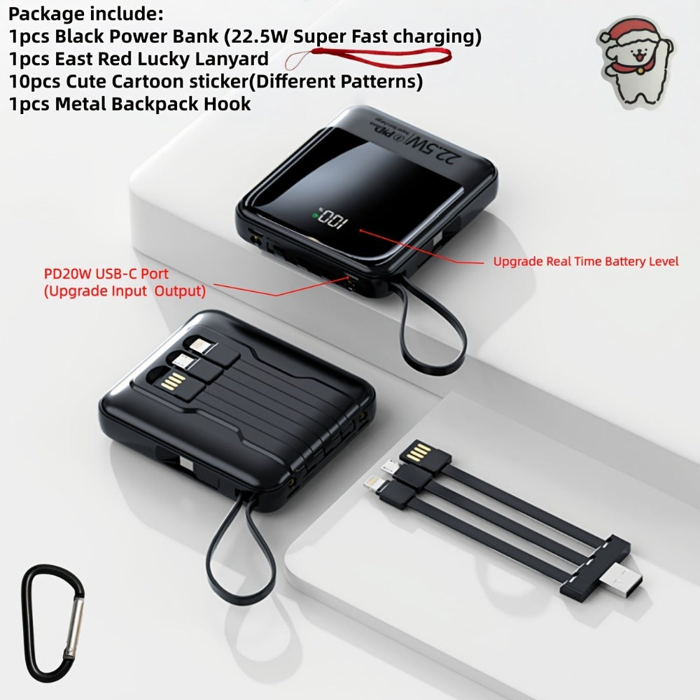 Power Bank 10000mAh with Built-In Cable Set, 5W/15W/22.5W Variants, Display and Lanyard for Travel