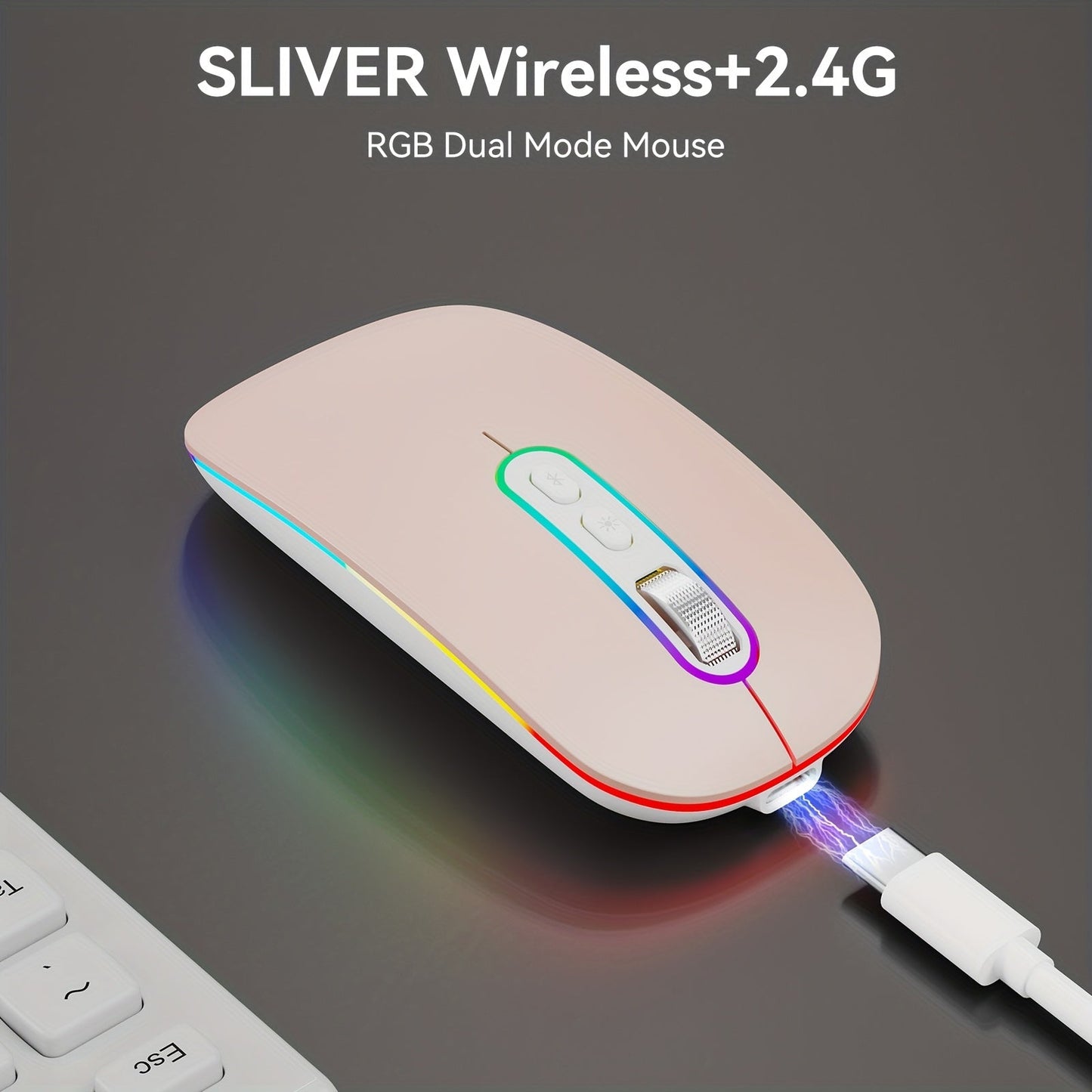 Slim Dual-Mode Wireless Mouse with Bluetooth 5.1, 2.4 GHz Receiver, RGB Lighting and Pink Finish