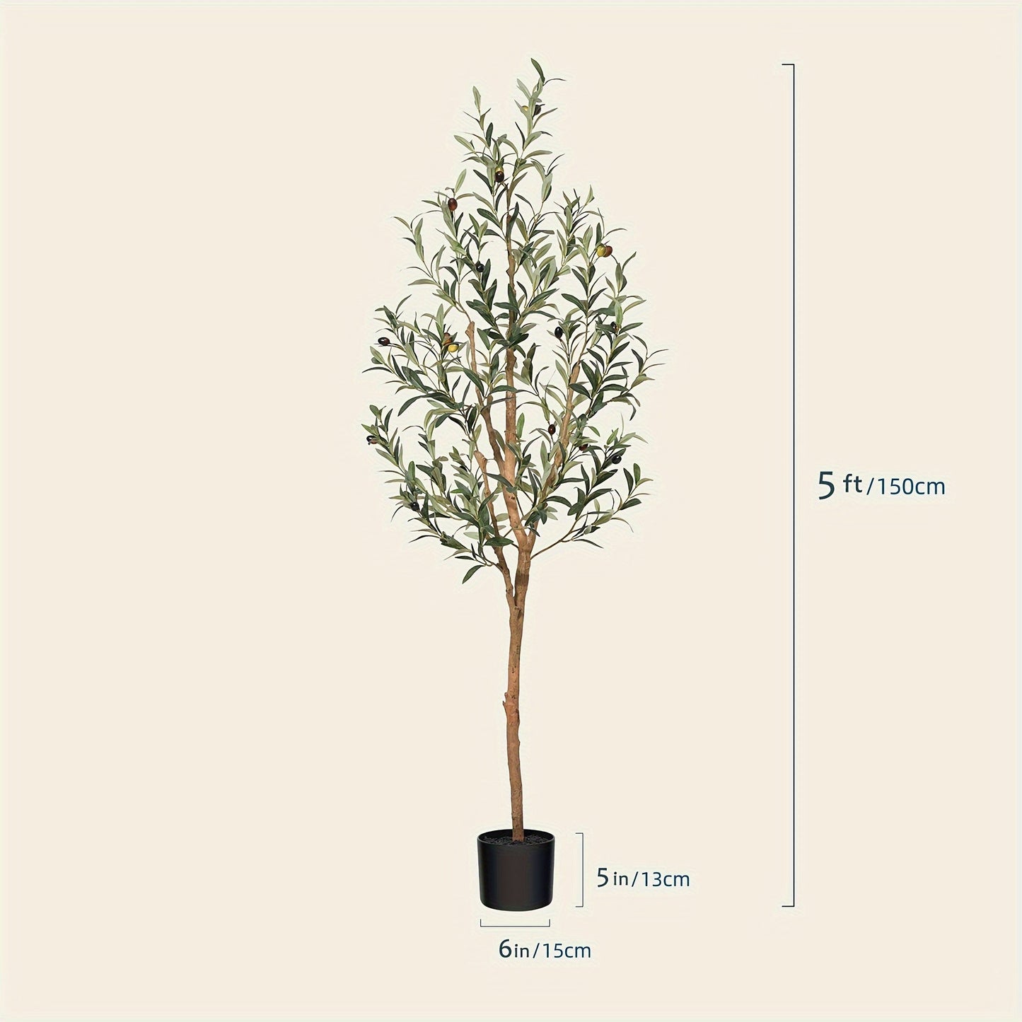 Slender Potted Olive Artificial Tree with Complete 4, 5, 6 and 7 ft Height Options and Faux Fruit Detail