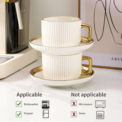 Ceramic Cappuccino Cups with Saucers Set of 6 – 8oz Coffee Mugs with Golden Trim, Latte Art Cups for Espresso Mocha, British Italian Style Café Cups and Saucer Sets for Home Kitchen