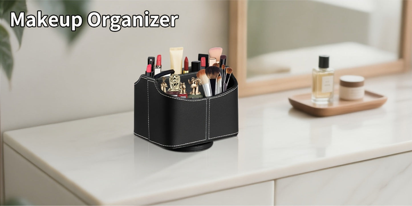360° Swivel Remote Control Holder with 5 Compartments – PU Leather Desktop Organizer Caddy for TV Remotes, Phones, Glasses, Cosmetics & Stationery, Rotating Storage Box for Home Office Nightstand