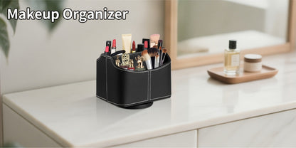 360° Swivel Remote Control Holder with 5 Compartments – PU Leather Desktop Organizer Caddy for TV Remotes, Phones, Glasses, Cosmetics & Stationery, Rotating Storage Box for Home Office Nightstand