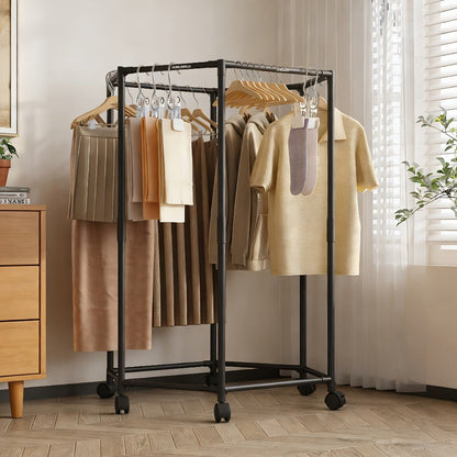 Hexagonal Clothes Drying Rack Freestanding Rotating Metal Garment Rack with Wheels Multiple Rods Space Saving Coat Rack for Bedroom Dorm Balcony Laundry
