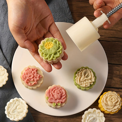 Seven-Piece 50 g Mooncake Press Set with Six Flower Pattern Stamps for Cookies and Pastry Baking