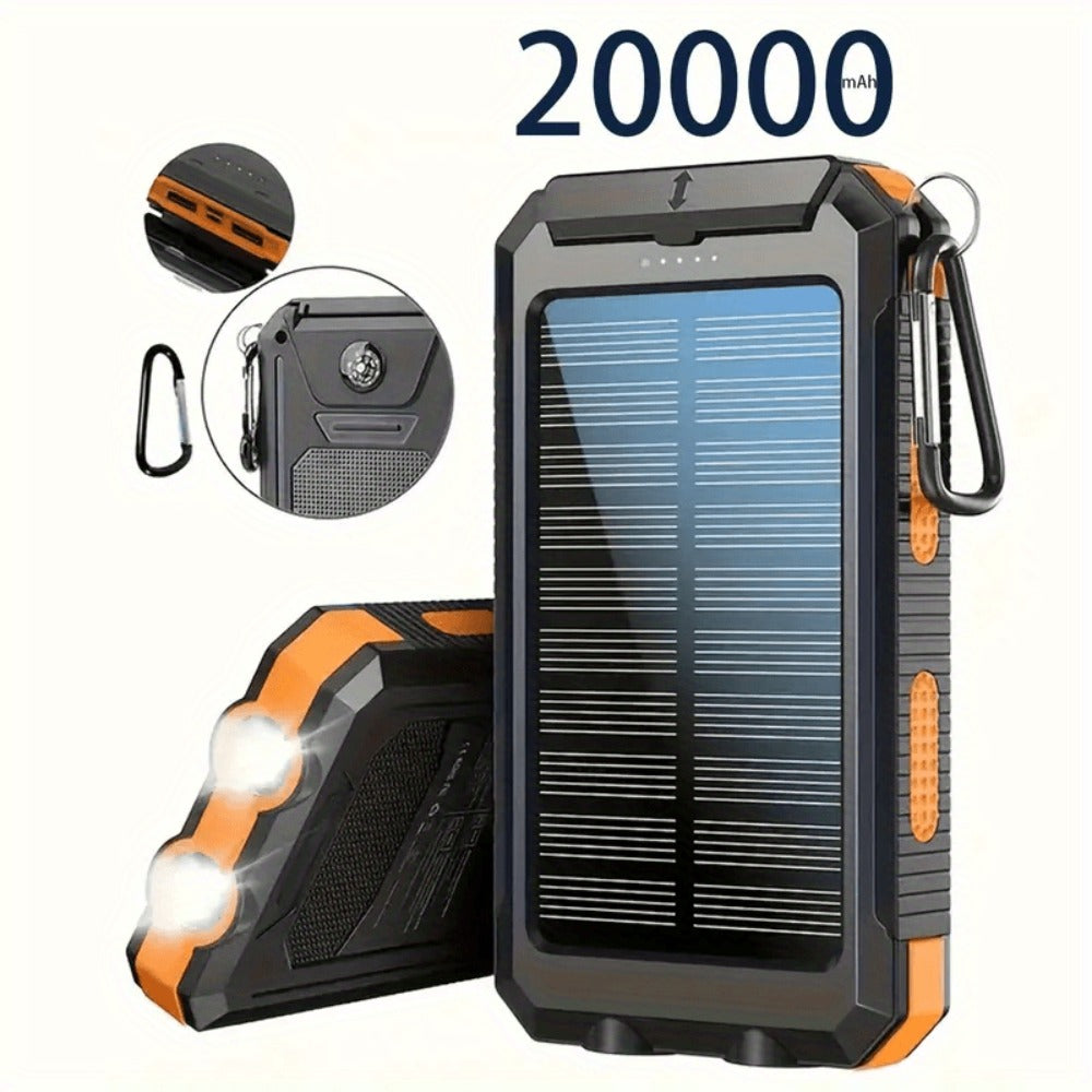 Solar Power Bank 20000mAh Outdoor Portable Charger with LED Flashlight SOS Compass & Carabiner Hook – Dual USB Waterproof Battery Pack for Camping Hiking Backpacking Emergency Survival Gear Gift