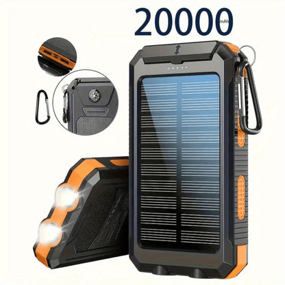 Solar Power Bank 20000mAh Outdoor Portable Charger with LED Flashlight SOS Compass & Carabiner Hook – Dual USB Waterproof Battery Pack for Camping Hiking Backpacking Emergency Survival Gear Gift
