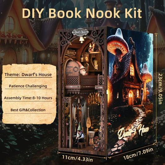 Book Nook Kit Dwarf's House DIY Miniature Bookshelf Insert – Dark Wood 3D Wooden Puzzle Decor for Adults, Unique Birthday 4th of July Christmas Gift for Women & Book Lovers (KT01)