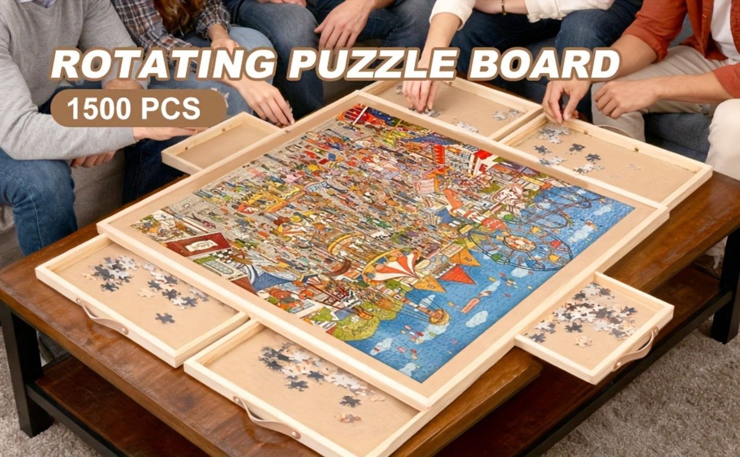 Rotating Wood-Look Puzzle Board with Six Sorting Drawers, Clear Cover and 35 x 27-Inch Surface