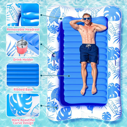 Blue-and-White Inflatable Pool Mattress with Removable Headrest, Cup Holder and 83.5 x 52.4-Inch Base