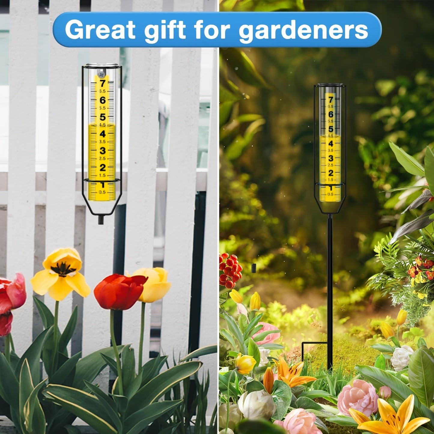 Adjustable Outdoor Rain Gauge with Large Transparent Tube, Metal Frame and 21- to 28-Inch Height Options