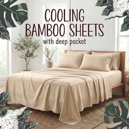 Bed Sheet Set 4-Piece Bamboo Fiber with Deep-Pocket Fitted Sheet, Four Sizes and Twelve Color Options