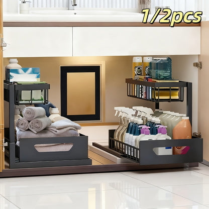 Two-Tier Pull-Out Cabinet Organizer with Upper and Lower Sliding Trays in Grey, Black or White Package Options