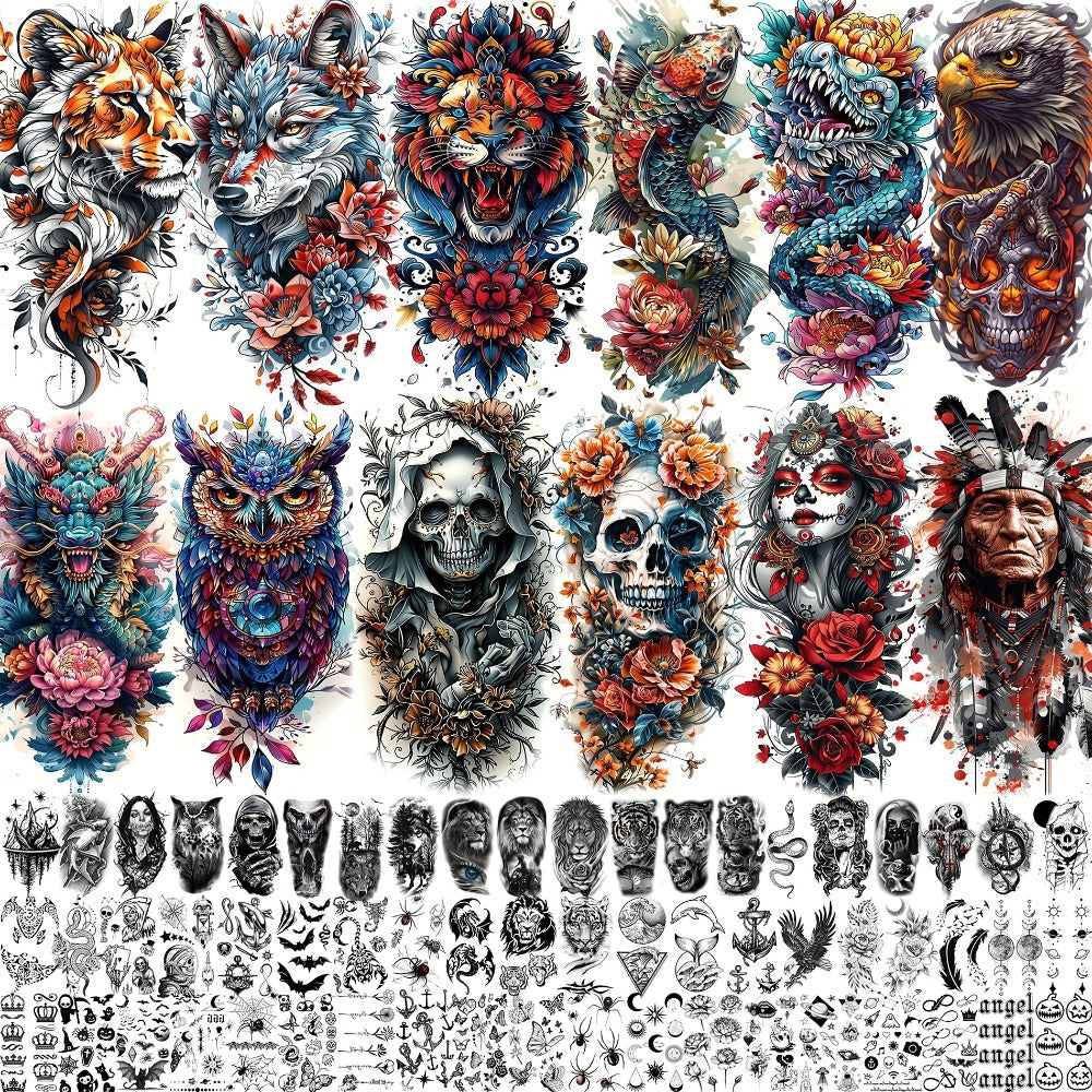 Temporary Tattoos, 71-Sheet Old School and Gothic Set with Tiger, Wolf, Lion, Dragon, Skull and Floral Motifs