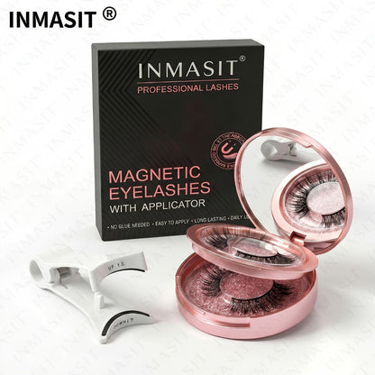 INMASIT Magnetic False Eyelashes Set with Round Storage Case and Applicator in Black or Pink