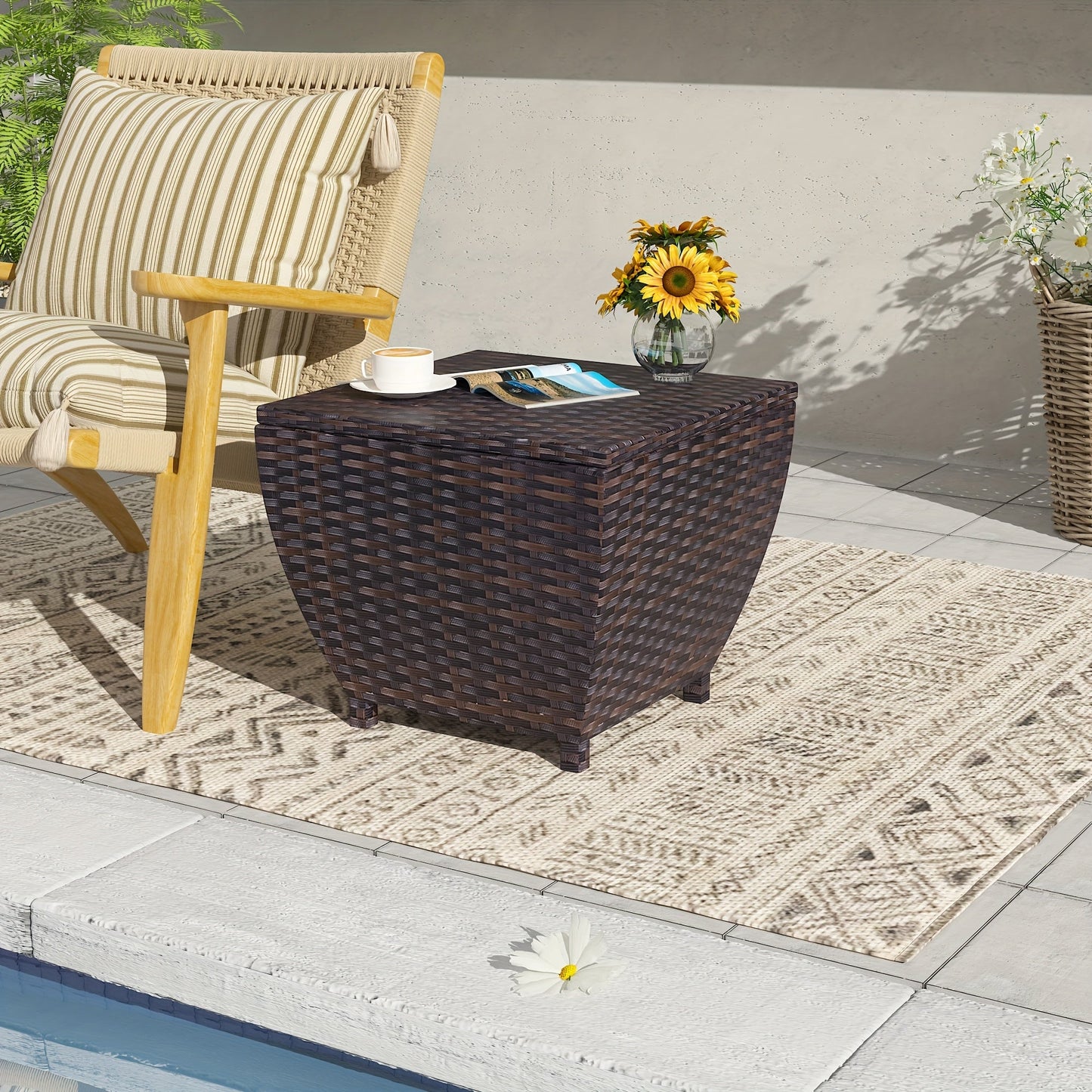 PE Wicker Outdoor Storage Box Side Table, Flip-Top Lid