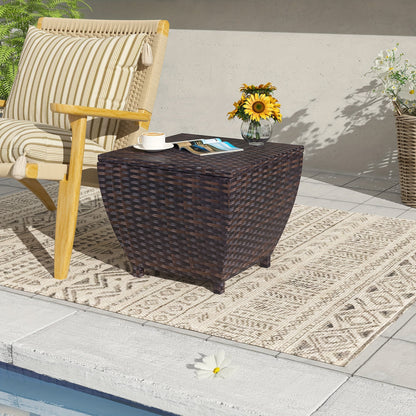 PE Wicker Outdoor Storage Box Side Table, Flip-Top Lid