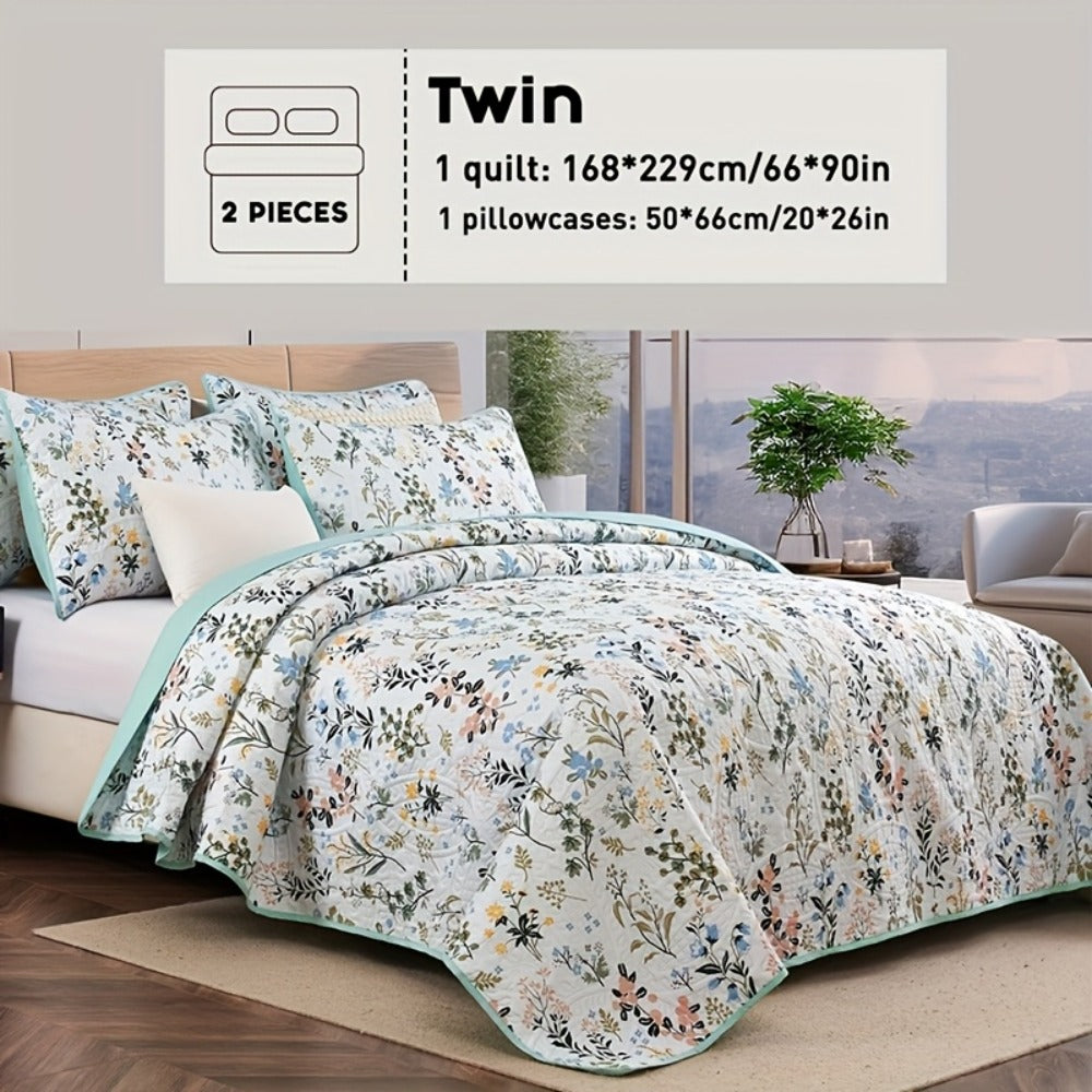 Reversible Botanical Microfiber Quilt Set with Pillow Shams, Five Patterns and Twin, Full/Queen or King Sizes