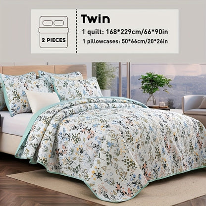 Reversible Botanical Microfiber Quilt Set with Pillow Shams, Five Patterns and Twin, Full/Queen or King Sizes
