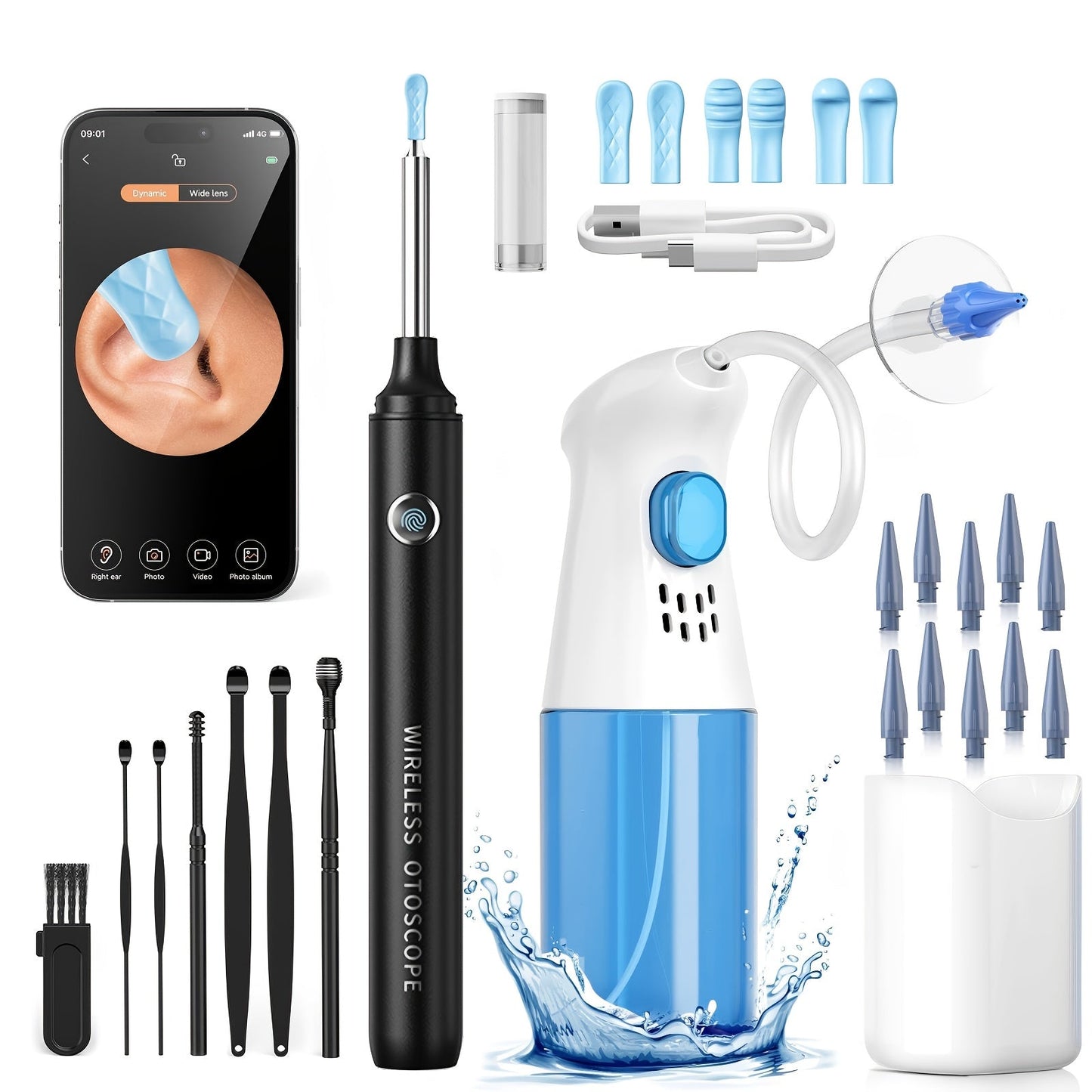 Ear Washer and 1080P-Marked Visual Ear Camera Kit with WiFi Smartphone Viewing and Accessory Tips