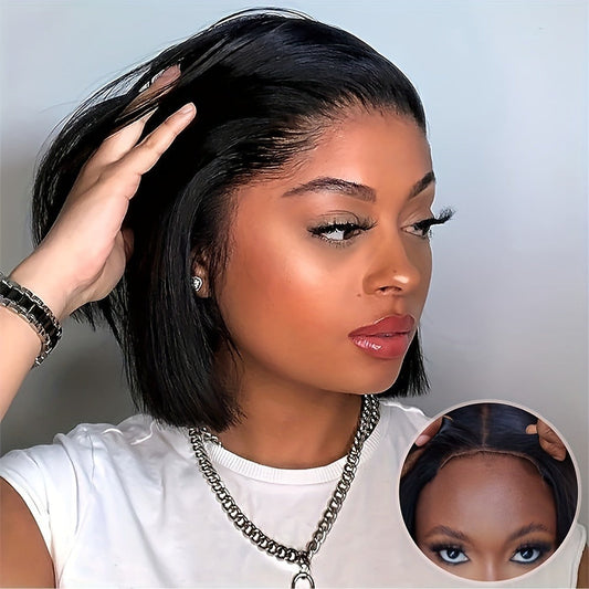 Bob Wig Human Hair 250% Density 4x4 HD Lace Straight Glueless Pre Cut Pre Plucked Wear and Go Natural Black for Women Daily Wear Party Music Festival 8 10 12 14 Inch