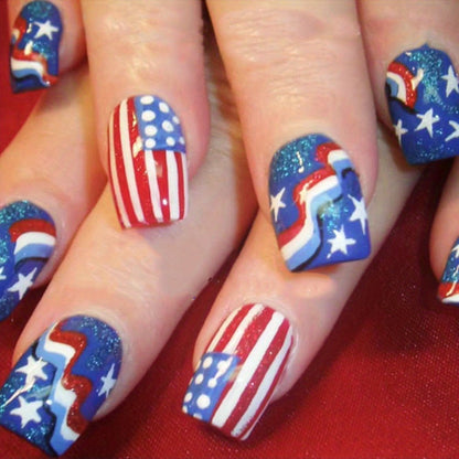 Press On Nails 216-Piece Medium Coffin Nine-Pack Red White Blue Stars and Stripes Patriotic Set