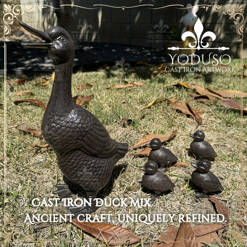 Cast Iron Mother Duck and Duckling Garden Statues in Four Outdoor Lawn Ornament Configurations