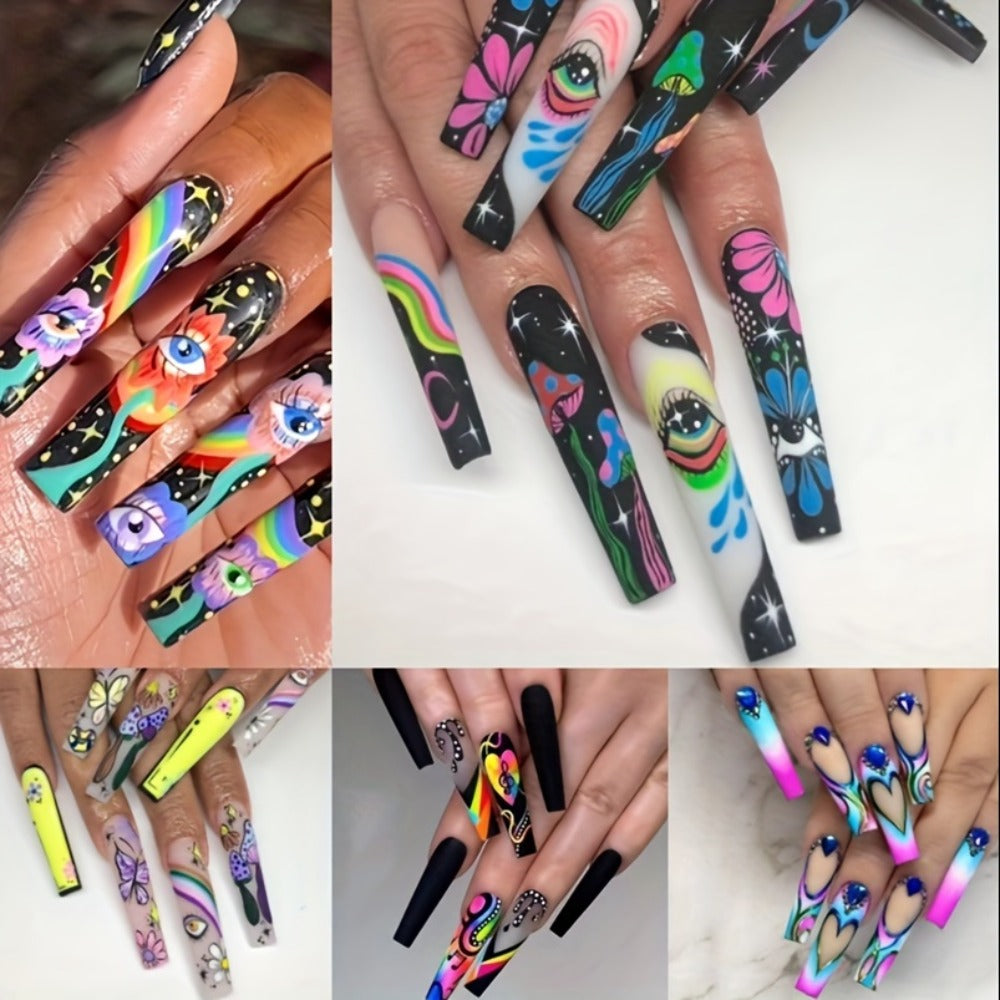 Press On Nails 120-Piece Extra-Long Set in Five Boxes with Cosmic, Crystal, Matte, Stripe and Floral Designs
