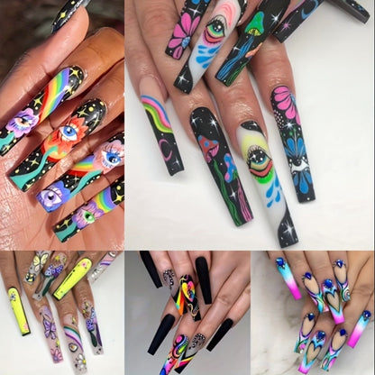 Press On Nails 120-Piece Extra-Long Set in Five Boxes with Cosmic, Crystal, Matte, Stripe and Floral Designs
