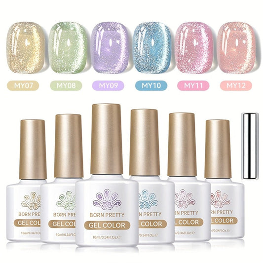 Gel Nail Polish BORN PRETTY 6-Piece Flowing Cat-Eye Set with Six 10ml Magnetic Bottles for Nail Art