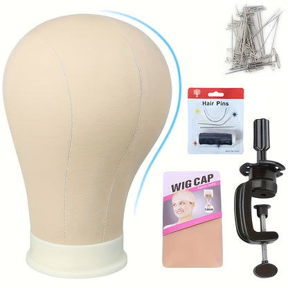 Canvas Mannequin Head Sets in 21, 22, 23 or 24 Inch Options with Table Clamp, Pins and Wig Caps