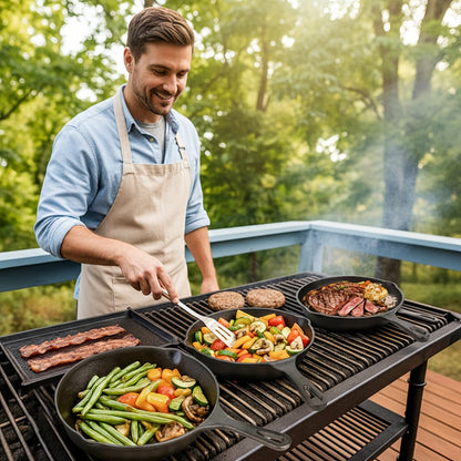 Nested Cast Iron Skillet Set with Long Handles, Pouring Lips and Choice of 3, 4 or 5 Graduated Pans