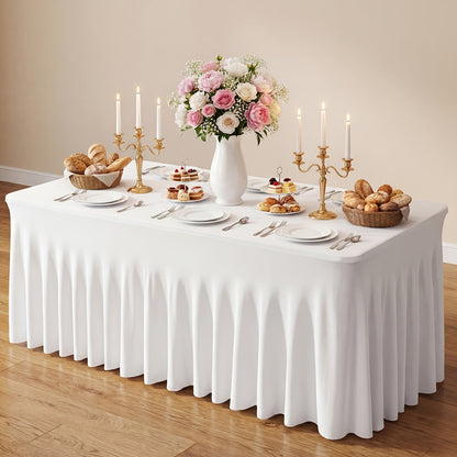 Pleated Rectangle Table Skirts in Black or White with One-, Two- or Four-Piece and Four-Foot Options