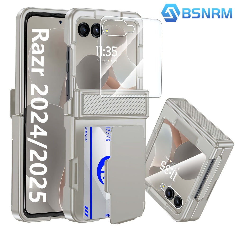 Phone Case Hinge Protector with Built-In Screen Cover, Card Clip and Lanyard for Motorola Razr 2024 and 2025