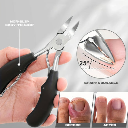 Angled-Jaw Nail Clipper Set, Five-Piece Black-Handle Kit with 25-Degree Tool, Lifter and File