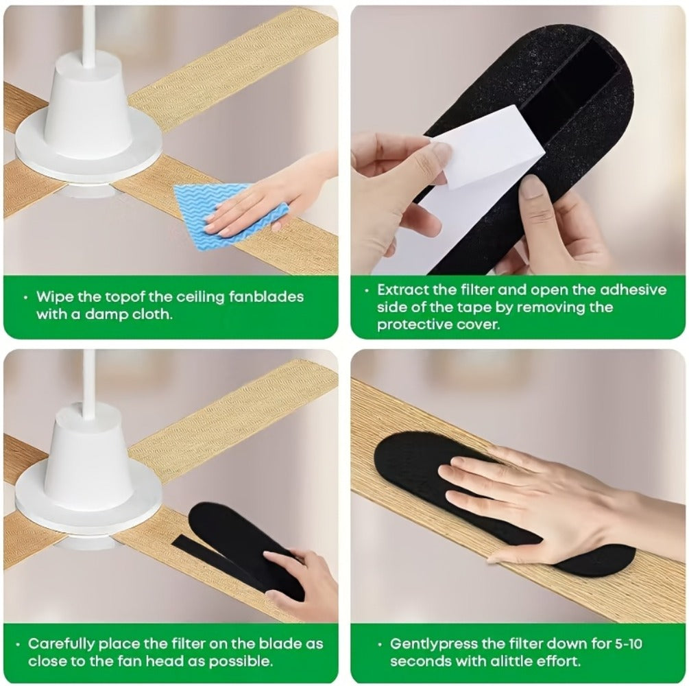 Thirty-Piece Black Ceiling Fan Blade Filter Pad Set with Adhesive Backing and Activated Carbon Layer