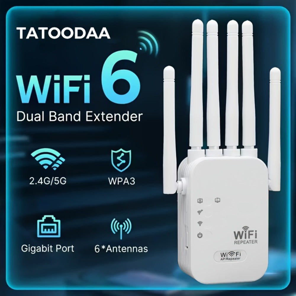WiFi Range Extender TATOODAA WiFi 6 Dual-Band 2.4/5GHz with Six Antennas, Gigabit Port and AP/Repeater Modes