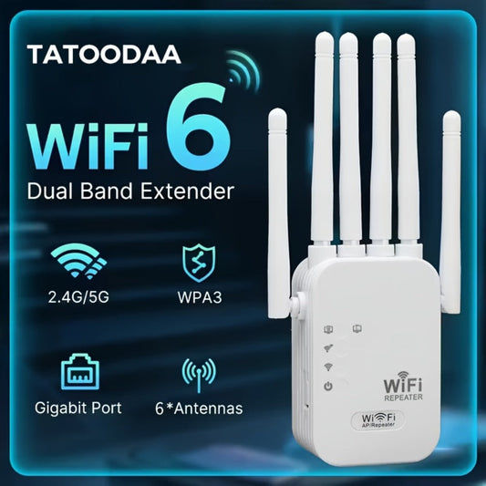 6-Antenna WiFi 6 Range Extender 1200Mbps Dual Band 2.4GHz & 5GHz Mesh Network Booster, One-Click WPS Setup, Full Home Coverage for Smart TV Gaming Console Smartphone Tablet, White